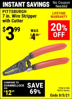 Harbor Freight Coupon 7" WIRE STRIPPER WITH CUTTER Lot No. 61586/61158/98410 Expired: 8/5/21 - $3.99