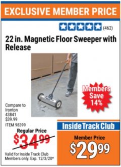 Harbor Freight ITC Coupon 22" MAGNETIC FLOOR SWEEPER WITH RELEASE Lot No. 98399 Expired: 12/3/20 - $29.99