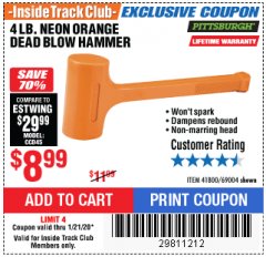 Harbor Freight ITC Coupon 4LB. NEON ORANGE DEAD BLOW HAMMER Lot No. 41800/69004 Expired: 1/21/20 - $8.99