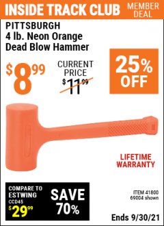 Harbor Freight ITC Coupon 4LB. NEON ORANGE DEAD BLOW HAMMER Lot No. 41800/69004 Expired: 9/30/21 - $8.99