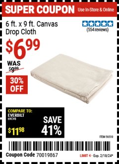Harbor Freight Coupon 6FT. X 9FT. CANVAS DROP CLOTH Lot No. 56510 Expired: 2/18/24 - $6.99