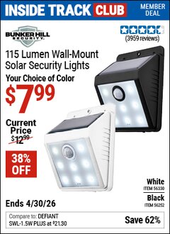 Harbor Freight Coupon BUNKER HILL SECURITY 115 LUMEN WALL-MOUNT SOLAR SECURITY LIGHT Lot No. 56252/56330 Valid: 12/31/69 - 4/30/26 - $7.99