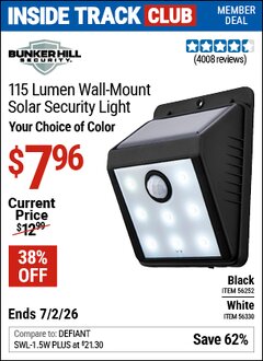 Harbor Freight Coupon BUNKER HILL SECURITY 115 LUMEN WALL-MOUNT SOLAR SECURITY LIGHT Lot No. 56252/56330 Valid: 12/31/69 - 7/2/26 - $7.96