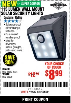 Harbor Freight Coupon 115 LUMEN WALL MOUNT SOLAR SECURITY LIGHTS Lot No. 56252,56330 Expired: 1/26/20 - $8.99