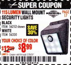 Harbor Freight Coupon 115 LUMEN WALL MOUNT SOLAR SECURITY LIGHTS Lot No. 56252,56330 Expired: 2/29/20 - $8.99
