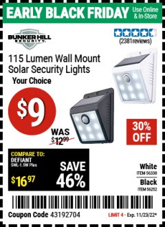 Harbor Freight Coupon 115 LUMEN WALL MOUNT SOLAR SECURITY LIGHTS Lot No. 56252,56330 Expired: 11/23/22 - $9