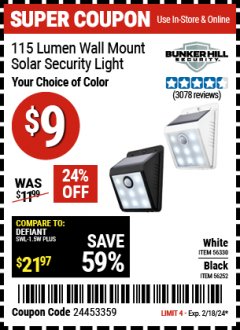 Harbor Freight Coupon 115 LUMEN WALL MOUNT SOLAR SECURITY LIGHTS Lot No. 56252,56330 Expired: 2/18/24 - $9