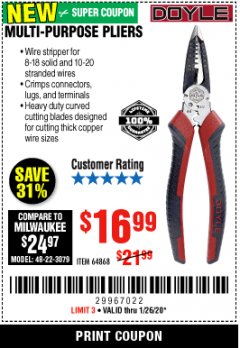 Harbor Freight Coupon DOYLE MULTI-PURPOSE PLIERS Lot No. 64868 Expired: 1/26/20 - $16.99