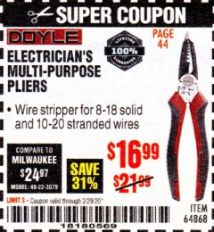 Harbor Freight Coupon DOYLE MULTI-PURPOSE PLIERS Lot No. 64868 Expired: 2/29/20 - $16.99