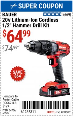 Harbor Freight Coupon 20 VOLT LITHIUM-ION CORDLESS 1/2" HAMMER DRILL KIT Lot No. 64756/63527 Expired: 8/31/20 - $64.99