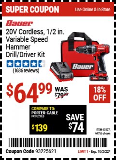 Harbor Freight Coupon 20 VOLT LITHIUM-ION CORDLESS 1/2" HAMMER DRILL KIT Lot No. 64756/63527 Expired: 10/2/22 - $64.99