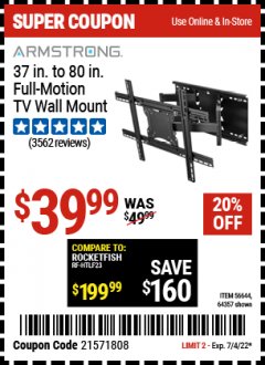 Harbor Freight Coupon FULL-MOTION TV WALL MOUNT Lot No. 56644/64357 Expired: 7/4/22 - $39.99