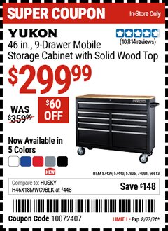 Harbor Freight Coupon YUKON 46 IN., 9-DRAWER MOBILE STORAGE CABINET WITH SOLID WOOD TOP Lot No. 56613/57439/57440/57805 Expired: 8/23/26 - $299.99