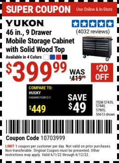 Harbor Freight Coupon YUKON 46", 9 DRAWER MOBILE STORAGE CABINET WITH SOLID WOOD TOP Lot No. 56613/57805/57440/57439 Expired: 6/12/22 - $399.99