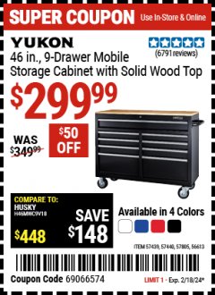 Harbor Freight Coupon YUKON 46", 9 DRAWER MOBILE STORAGE CABINET WITH SOLID WOOD TOP Lot No. 56613/57805/57440/57439 Expired: 2/18/24 - $299.99