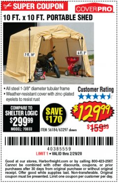Harbor Freight Coupon 10 FT. X 10 FT. PORTABLE SHED Lot No. 56184/63297 Expired: 2/29/20 - $129.99