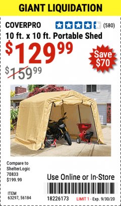 Harbor Freight Coupon 10 FT. X 10 FT. PORTABLE SHED Lot No. 56184/63297 Expired: 9/30/20 - $129.99