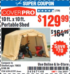Harbor Freight Coupon 10 FT. X 10 FT. PORTABLE SHED Lot No. 56184/63297 Expired: 2/5/21 - $129.99