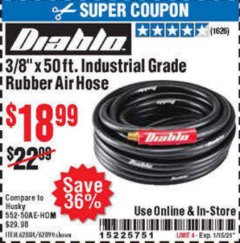 Harbor Freight Coupon 3/8" X 50 FT. INDUSTRIAL GRADE RUBBER AIR HOSE Lot No. 61939/62884/62890 Expired: 1/15/21 - $18.99