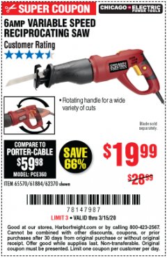 Harbor Freight Coupon 6 AMP VARIABLE SPEED RECIPROCATING SAW Lot No. 65570/61884/62370 Expired: 3/15/20 - $19.99