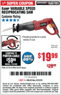 Harbor Freight Coupon 6 AMP VARIABLE SPEED RECIPROCATING SAW Lot No. 65570/61884/62370 Expired: 3/22/20 - $19.99