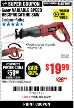 Harbor Freight Coupon 6 AMP VARIABLE SPEED RECIPROCATING SAW Lot No. 65570/61884/62370 Expired: 6/30/20 - $19.99