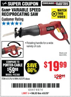 Harbor Freight Coupon 6 AMP VARIABLE SPEED RECIPROCATING SAW Lot No. 65570/61884/62370 Expired: 6/30/20 - $19.99