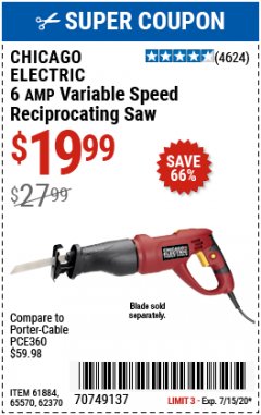 Harbor Freight Coupon 6 AMP VARIABLE SPEED RECIPROCATING SAW Lot No. 65570/61884/62370 Expired: 7/15/20 - $19.99