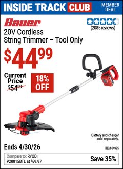 Harbor Freight Coupon BAUER 20V CORDLESS STRING TRIMMER &ndash; TOOL ONLY Lot No. 64995 Valid: 12/31/69 - 4/30/26 - $44.99