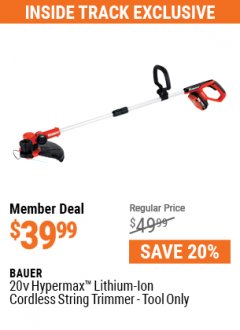 Harbor Freight ITC Coupon BAUER 20V LITHIUM-ION 12" STRING TRIMMER Lot No. 64995 Expired: 5/31/21 - $39.99