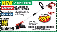 Harbor Freight Coupon BAUER 20V LITHIUM-ION 12" STRING TRIMMER Lot No. 64995 Expired: 6/30/20 - $39.99