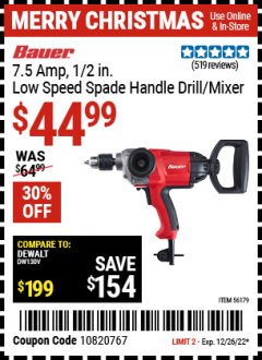 Harbor Freight Coupon BAUER 1/2" LOW SPEED SPADE HANDLE DRILL/MIXER Lot No. 56179 Expired: 12/26/21 - $44.99
