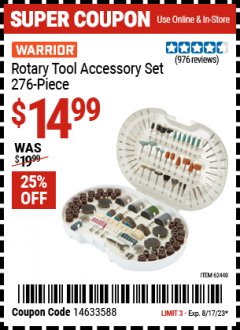Harbor Freight Coupon 276 PIECE ROTARY TOOL ACCESSORY SET Lot No. 62440 Expired: 8/17/23 - $14.99