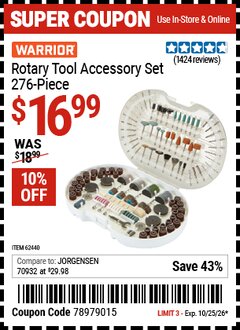 Harbor Freight Coupon WARRIOR ROTARY TOOL ACCESSORY SET, 276-PIECE Lot No. 62440 Valid Thru: 10/25/26 - $16.99