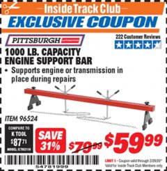 Harbor Freight ITC Coupon 1000 LB. CAPACITY ENGINE SUPPORT BAR Lot No. 96524 Expired: 2/29/20 - $59.99