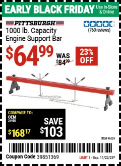 Harbor Freight Coupon 1000 LB. CAPACITY ENGINE SUPPORT BAR Lot No. 96524 Expired: 11/22/23 - $64.99
