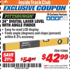 Harbor Freight ITC Coupon 24" DIGITAL LASER LEVEL WITH ANGLE FINDER Lot No. 93884 Expired: 2/29/20 - $42.99
