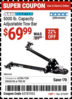 Harbor Freight Coupon HAUL-MASTER 5000 LB. CAPACITY ADJUSTABLE TOW BAR Lot No. 61625/94696 Expired: 5/10/26 - $69.99