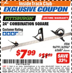 Harbor Freight ITC Coupon 24" COMBINATION SQUARE Lot No. 96791 Expired: 9/30/18 - $7.99