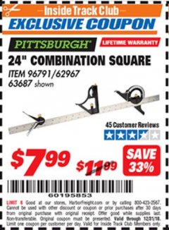 Harbor Freight ITC Coupon 24" COMBINATION SQUARE Lot No. 96791 Expired: 12/31/18 - $7.99