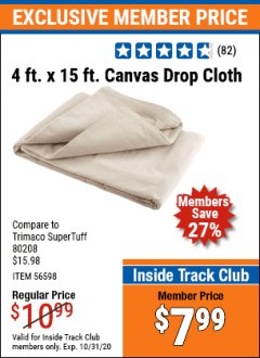 Harbor Freight ITC Coupon 4 FT. X 15 FT. CANVAS DROP CLOTH Lot No. 56598 Expired: 10/31/20 - $7.99