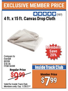 Harbor Freight ITC Coupon 4 FT. X 15 FT. CANVAS DROP CLOTH Lot No. 56598 Expired: 1/28/21 - $7.99