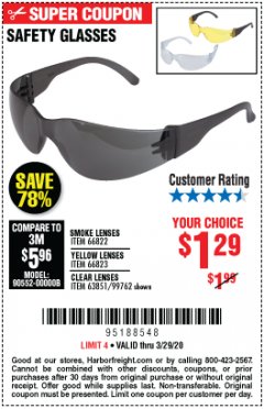 Harbor Freight Coupon SAFETY GLASSES - VARIOUS COLORS Lot No. 66822 66823 63851 99762 Expired: 3/29/20 - $1.29
