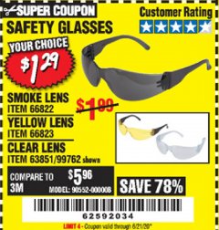 Harbor Freight Coupon SAFETY GLASSES - VARIOUS COLORS Lot No. 66822 66823 63851 99762 Expired: 6/21/20 - $1.29