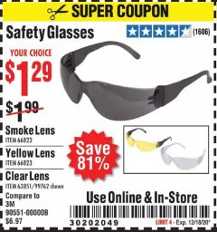 Harbor Freight Coupon SAFETY GLASSES - VARIOUS COLORS Lot No. 66822 66823 63851 99762 Expired: 12/18/20 - $1.29