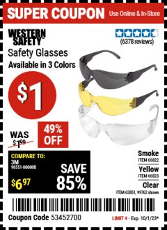 Harbor Freight Coupon SAFETY GLASSES - VARIOUS COLORS Lot No. 66822 66823 63851 99762 Expired: 10/1/23 - $0.01