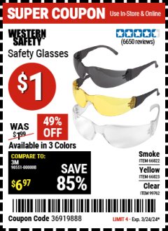 Harbor Freight Coupon SAFETY GLASSES - VARIOUS COLORS Lot No. 66822 66823 63851 99762 Expired: 3/24/24 - $1