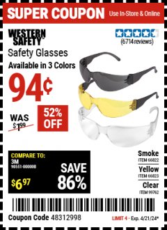 Harbor Freight Coupon SAFETY GLASSES - VARIOUS COLORS Lot No. 66822 66823 63851 99762 Expired: 4/21/24 - $0.94