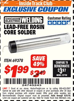 Harbor Freight ITC Coupon LEAD-FREE ROSIN CORE SOLDER Lot No. 69378 Expired: 8/31/18 - $1.99