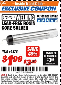 Harbor Freight ITC Coupon LEAD-FREE ROSIN CORE SOLDER Lot No. 69378 Expired: 11/30/18 - $1.99